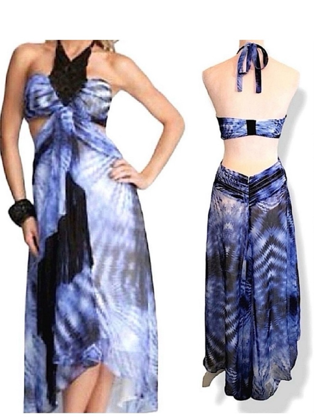 Bebe Bohemian Luxe Tie Dye Fringe Crochet Cut Out High Low Dress Blue Black Boho